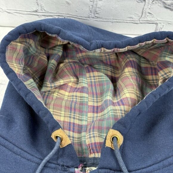 Vintage 90s Habitat Wilderness Hoodie M Embroidered Wolf Plaid Lined Hood Navy - Picture 9 of 16